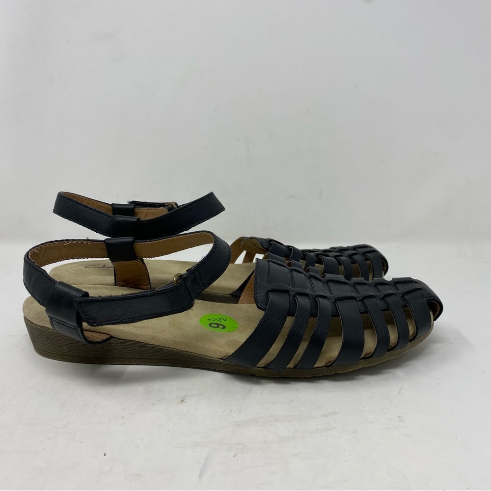 Clarks Women’s 9.5 W Black Leather Strappy Ankle Jania Sandals